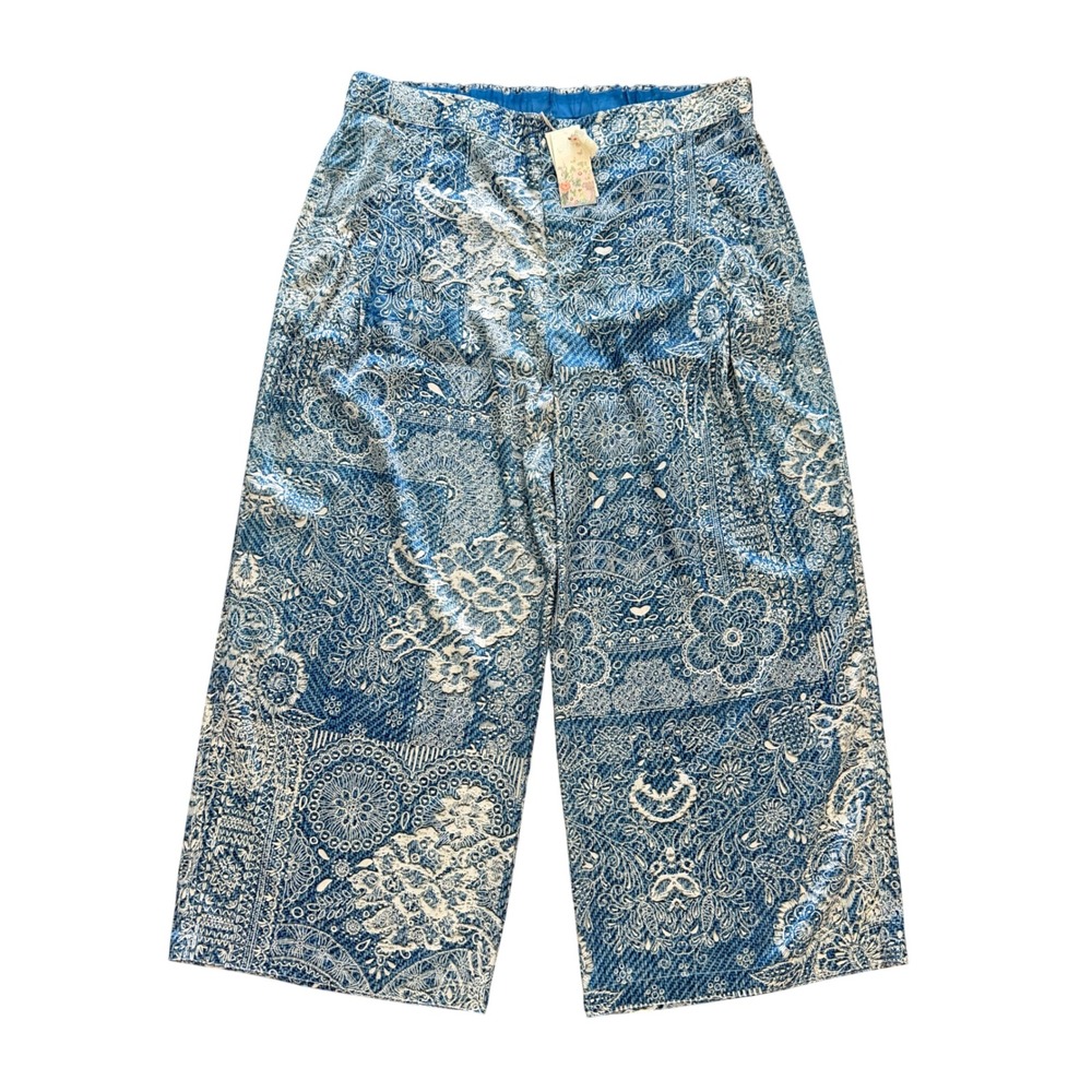 Johnny Was Lauchlen Silk Wide Leg Pants Denim Print Blue XXL NEW Resortwear Boho